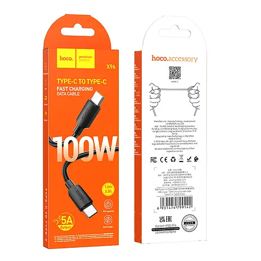 Кабель Hoco X96 Hyper 100W fast charging data cable Type-C to Type-C Чорний - фото 2