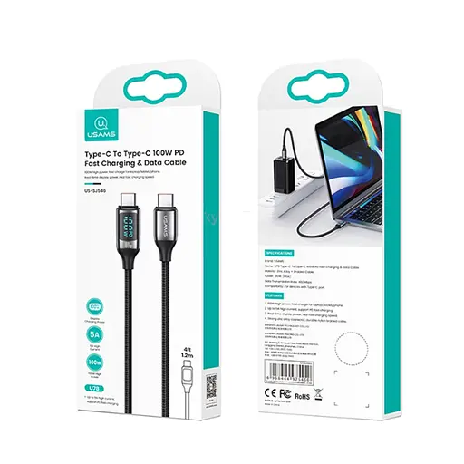 Кабель Usams SJ546 U78 Type-C To Type-C 100W PD Fast Charging Data Cable 1.2 м Чорний - фото 2