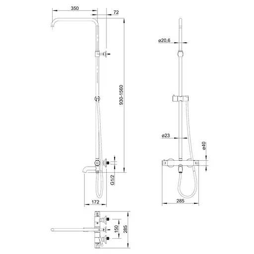 Душова система з термостатом Omnires Y black Y1234ALBL, Чорний матовий - фото 2