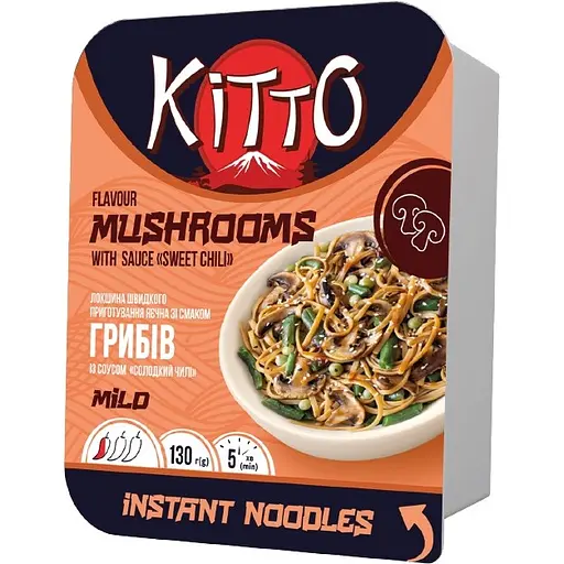 Лапша быстрого приготовления Kitto со вкусом грибов с кисло-сладким соусом «сладкий чили», не острая 130 г