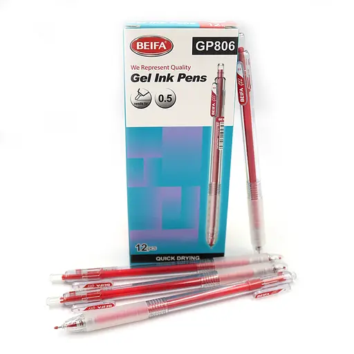 Ручка гелевая автоматическая Beifa, 0.5 мм, быстро высыхает, красная, 12 шт.