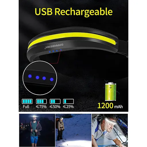 Налобний ліхтар DARKBEAM LED COB з червоним світлом, USB-акумулятор, надяскравий, для шолома, кемпінгу, риболовлі, ремонту - фото 4