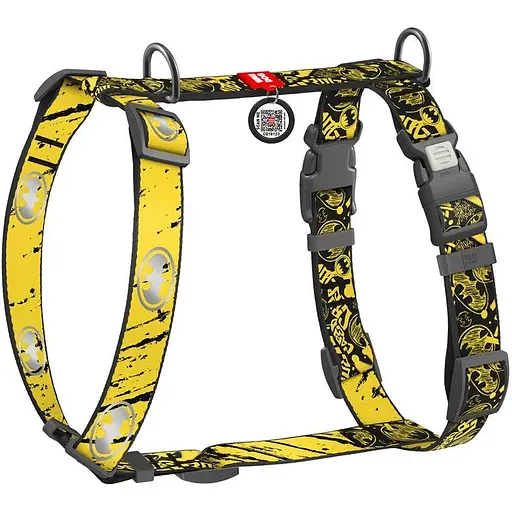 Шлейка для собак Waudog Nylon анатомическая H-образная с QR-паспортом, светоотражающая, рисунок "Бэтмен Эскиз", пластиковый фастекс, L