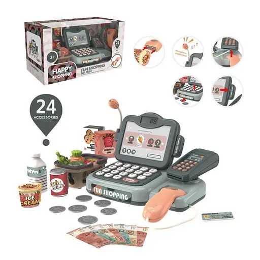 Касовий апарат 888N калькулятор, мікрофон, сканер, термінал, звук, світло, продукти, 24 предмети, в коробці (6903317697366) - фото 1