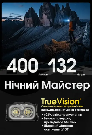 Налобний ліхтар Nitecore NU25 MCT UHE LED 400 люмен USB-C (9 режимів) - фото 8
