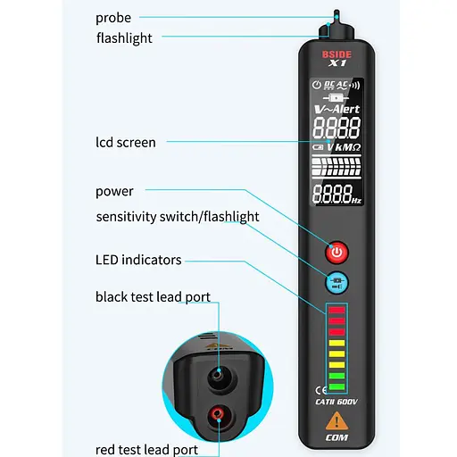 Безконтактний індикатор напруги - детектор обриву проводки багатофункціональний BSIDE X1 з функцією тестера і індикатора фази (100705) - фото 5