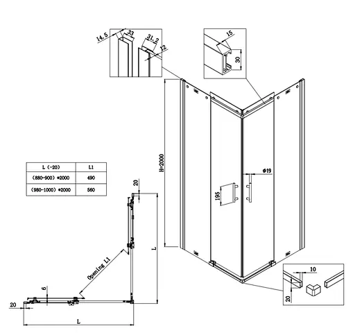Душевая кабина без поддона Koer SR SC03 -100x100x200-TR-01 прозрачное стекло Easy Clean 6 мм, хром KR5357, Универсальная, прозрачный, хром - фото 2