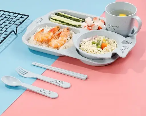 Набор детской посуды из биоразлагаемого волокна пшеничной соломы 6 предметов, синий - фото 2