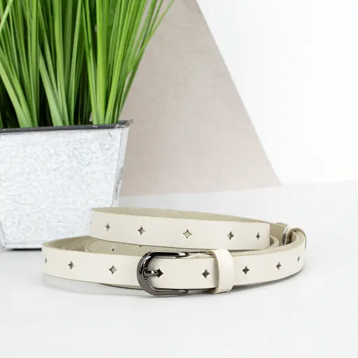 Ремінь жіночий вузький шкіряний з дірочками SF-1545 молочний (125 см) - фото 2