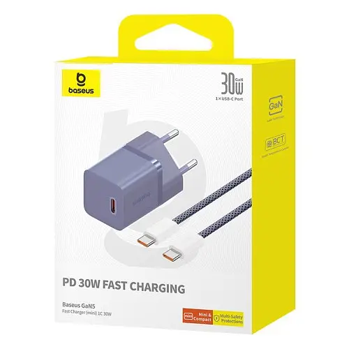 Мережевий зарядний пристрій Baseus GaN5 Fast Charger(mini) 1C 30W EU Cable Type-C to Type-C 1m фіолетовий P10110902523-00 - фото 5