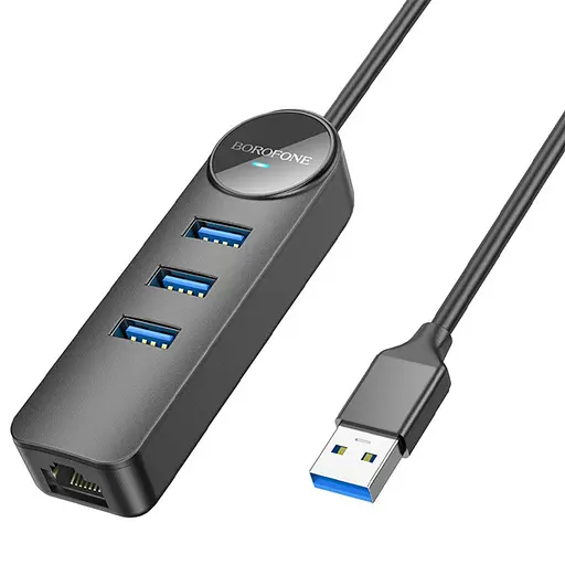 Перехідник Borofone DH6 Erudite 4in1 100 Mbps Ethernet (USB to USB2.0*3+RJ45) (1.2m) Black - фото 2