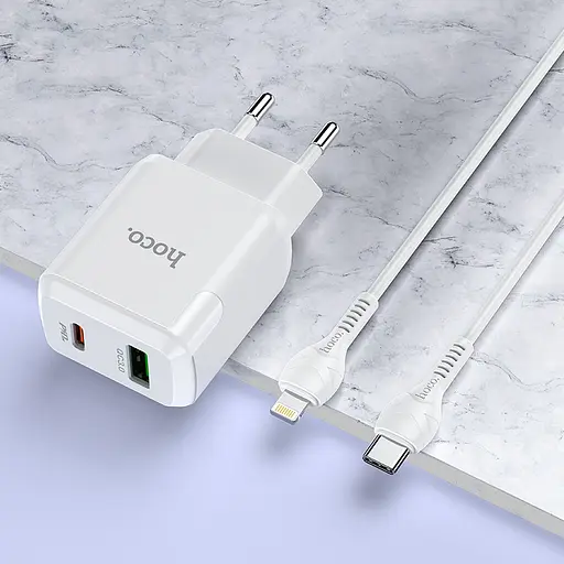 Адаптер сетевой HOCO Type-C to Lightning Cable Favor dual port N5 1USB and 1Type-C PD 20W QC 3.0 3a - фото 3