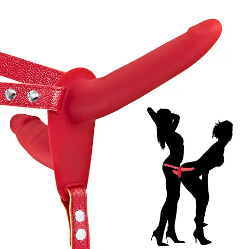 Двойной страпон Fetish Tentation Strap-On With Double Dildo 15 см красный - фото 4