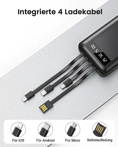 Повербанк 26800 мА·ч с 4 встроенными кабелями, 22,5 Вт Power Bank USB C Функция быстрой зарядки со светодиодным дисплеем - фото 6