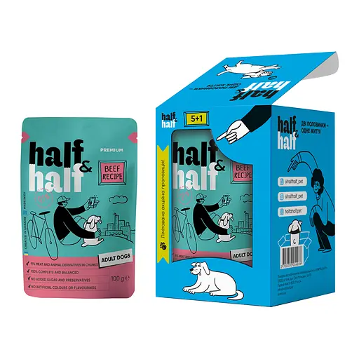 Набор влажных кормов Half & Half 5+1 для взрослых собак, кусочки с говядиной в соусе (6 шт. x 100 г) - фото 2