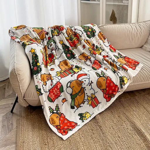 Плед Love You Капибарки и снеговики 150x200 см велсофт молочный с принтом (9118) - фото 1