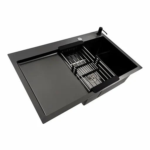 Кухонная мойка PVD черная 78x50 R Platinum Handmade (круглый сифон 3.0/0.8), Черный - фото 2