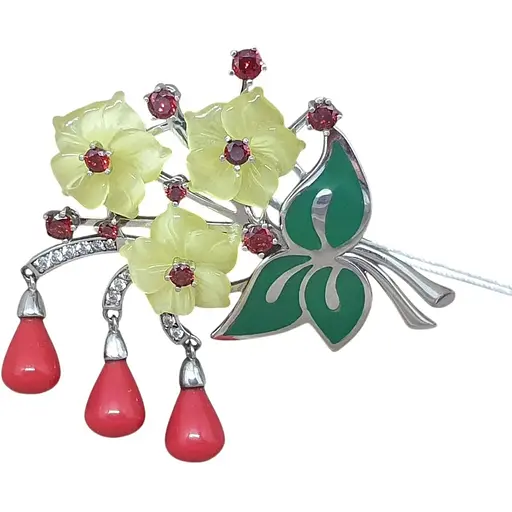 Срібна брошка Tango з перламутром, коралом і фіанітами. 660145А