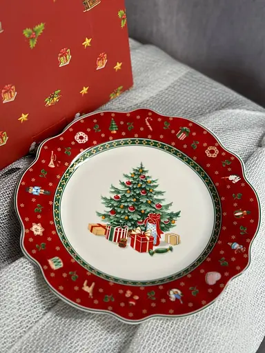 Тарелка десертная Christmas 21.5 см фарфоровый новогодний принт Бело красный - фото 4