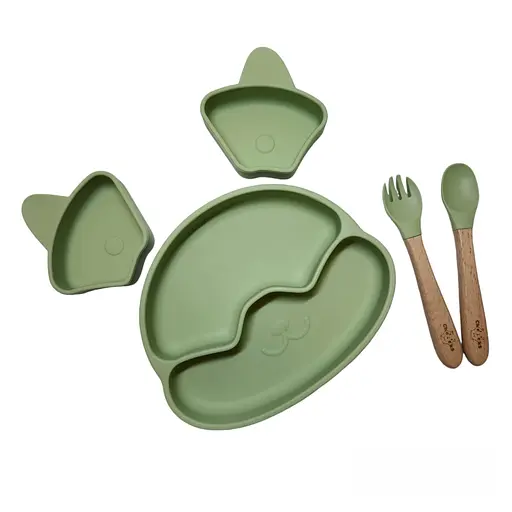 Набор силиконовой детской посуды Cheeks для прикорма на присосках из пищевого силикона оливковый с грызунком прорезывателем-погремушкой Жираф - фото 3