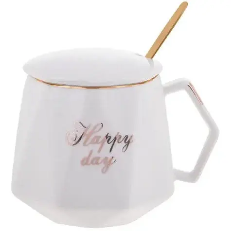 Кружка фарфоровая BonaDi Coffee Prelude Happy Day 420 мл с крышкой и ложкой BonaDi белая (984-203З)