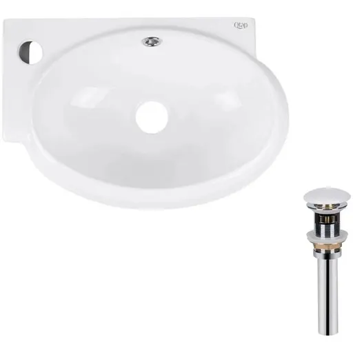 Комплект Qtap Leo: Раковина подвесная овальная левая 430x285x160 мм White + Донный клапан PU02O (QT11115011LWN47332) - фото 1