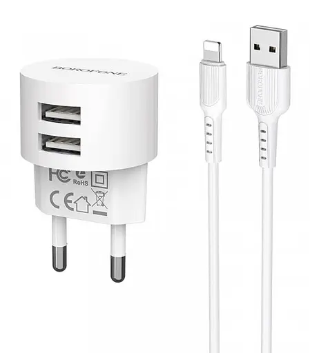 Зарядний комплект Borofone BA23A Brilliant 2 USB 2.4 A + кабель Lightning для айфон - фото 2
