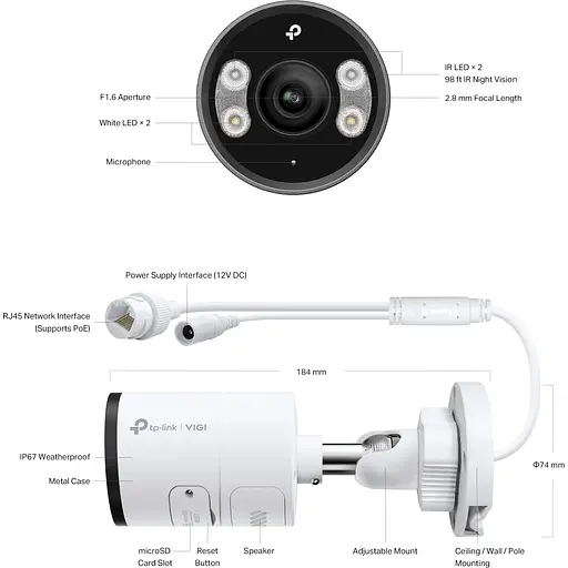 IP-камера TP-Link VIGI C345-2.8, PoE, 4Мп, 2.8мм, H265+, IP66, Bullet, кольорове нічне бачення, зовнішня - фото 6