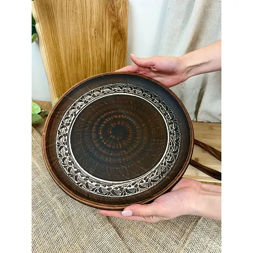 Блюдо для піци 30 см керамічне (глиняне) різьблене Ангоб