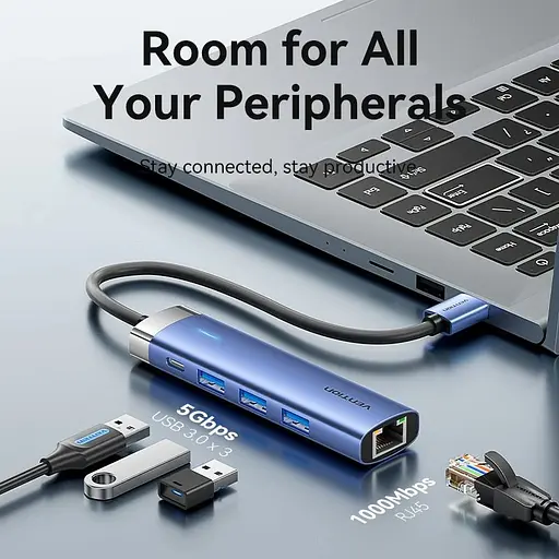 Хаб USB 3.0 -->3xUSB 3.0/RJ45/USB-C Hub Blue Aluminum Alloy 5-in-1 Vention - фото 6