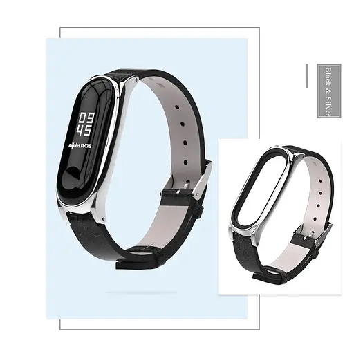 Шкіряний ремінець MiJobs для фітнес-браслета Xiaomi Mi Band 7 Type C чорний, тримач - сріблястий - фото 3