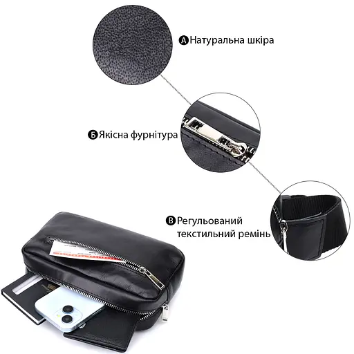 Прямокутна сумка-бананка для чоловіків із натуральної глянсової шкіри SHVIGEL 21х11х5,5 см sum0027510 - фото 4