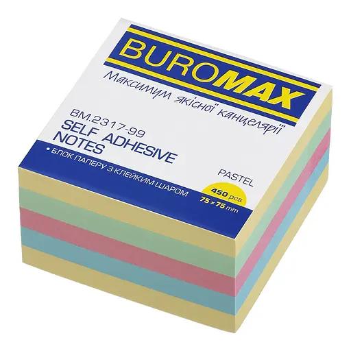 Блок для заметок с клейким слоем, 75x75 мм, 450 листов, пастель