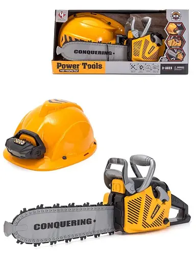 Дитячий ігровий набір бензопила з каскою та ліхтарем на батарейках з ефектами у коробці Power Tools Жовтий - фото 7