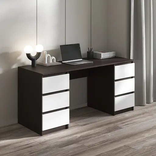 Компьютерный стол Vays R-2 Венге Темный-Белый фасад, письменный с 2 тумбами, 6 ящиков без ручек, ЛДСП 160×60×75 см - для дома, офиса, учебы