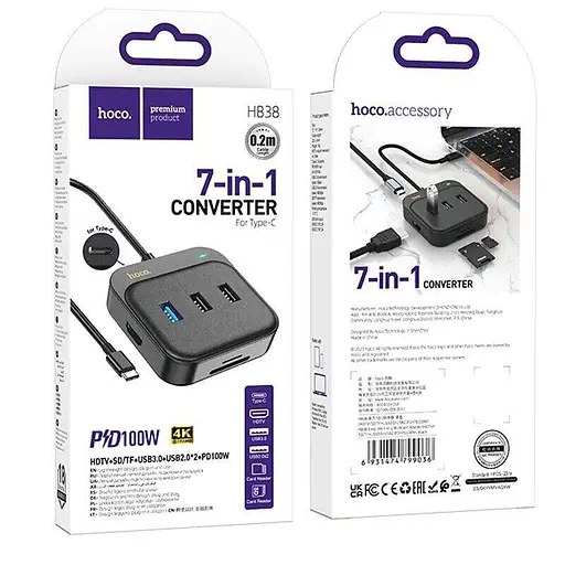 Конвертер хаб Hoco HB38 Easy link 7-in-1 Multiport адаптер (HDTV + SD / TF + Usb3.0 + Usb2.0x2 + PD 100 W) - фото 8