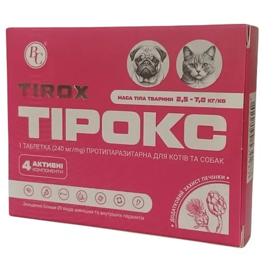 Таблетка Тірокс протипаразитарна для котів та собак 2.5-7 кг 240 мг - фото 1
