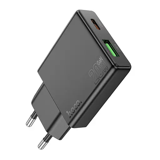 Мережевий зарядний пристрій Hoco N38 Delgado dual port PD20W+QC3.0 charger(EU) Чорний - фото 1
