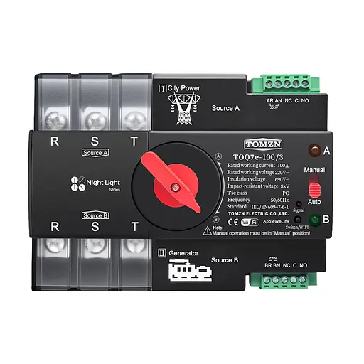 Автоматичний перемикач (АВР) під DIN-рейку з Wi-Fi TOMZN TOQ7e-100/3P 100A 3 полюси (51-00120)