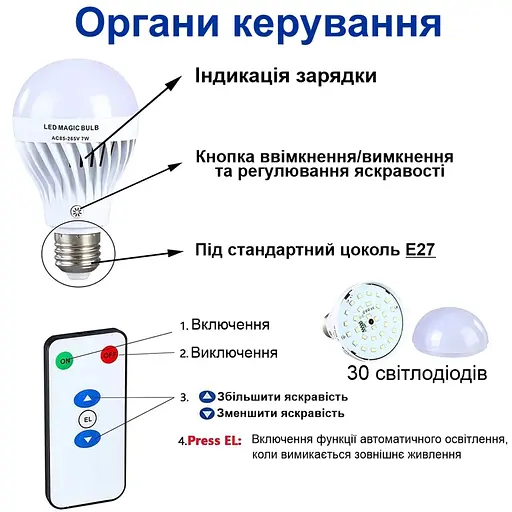 Лампа аварійного освітлення з акумулятором і пультом під цоколь Е27 Nectronix EL-702 (тепл. світло) (100928) - фото 8
