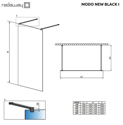 Душова перегородка Radaway Modo New Black I 130 см профіль чорний 388134-54-01 - фото 3