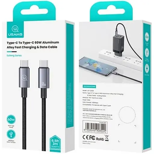 Кабель Usams US-SJ661 USB-C to USB-C 60W 5A 1.2m Tarnish черный [138985] - фото 3