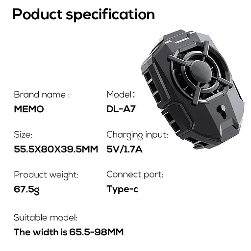 Кулер активне охолодження для телефону / планшета Memo DLA7 шириною до 89 мм Black (18519) - фото 6