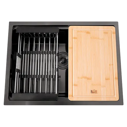 Кухонная мойка черная под столешницу с PVD покрытием многофункциональная Nett NB-5742, Черный - фото 4