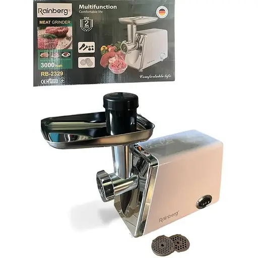 Мясорубка электрическая Rainberg RB-2329 с функцией реверса и металлическим шнеком 2 решетки 3000 Вт Белый - фото 1