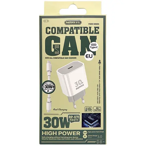 Зарядный адаптер с кабелем Remax быстрая зарядка GaN для Iphone и Samsung с кабелем RP-U71 30Вт White Type-C-Type-C - фото 6