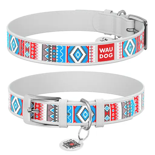 Ошейник для собак кожаный Waudog Design с QR-паспортом "Этно" S Ш 15 мм Д 26-35 см белый