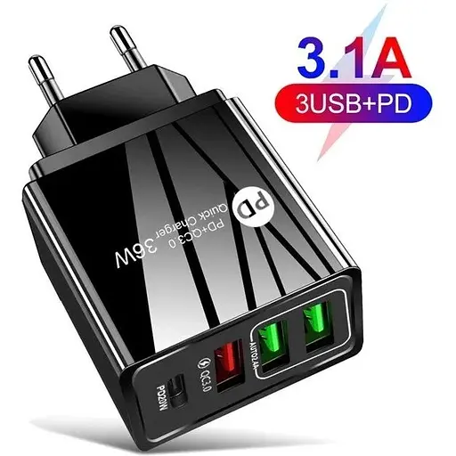 Зарядний пристрій Mirrow 3 USB Type-C Super Charge/Quick Charge 36W Black (498567566) - фото 2