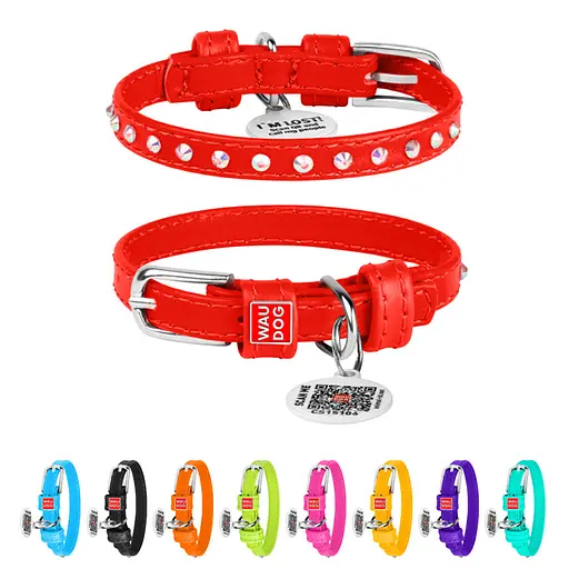 Ошейник для собак кожаный Waudog Glamour с QR-паспортом с клеевыми стразами Ш 9 мм Д 18-21 см красный - фото 2