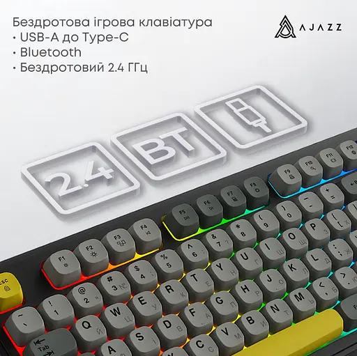 Клавіатура ігрова бездротова Ajazz AF-BGY-98 Plus Black-Gray-Yellow 2.4G/Bluetooth/USB - фото 6